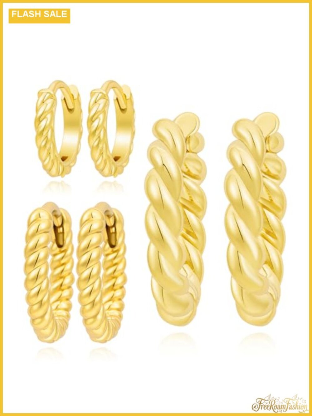 14K Gold Plated Hoop Earrings Set for Women Hypoallergenic Chunky Dainty 3 Pairs